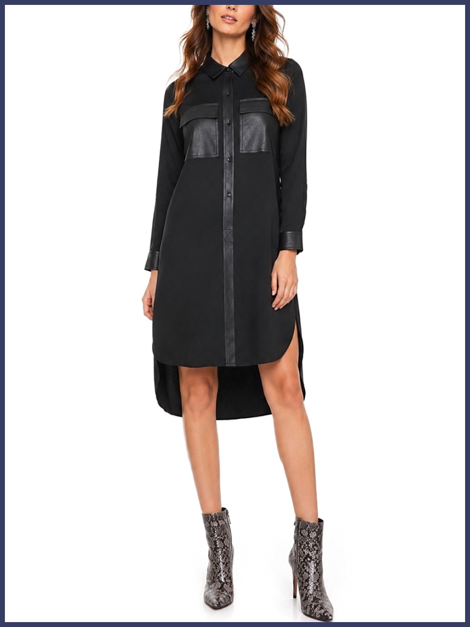 Bcbgmaxazria Black Vegan Leather Block Button Front Shirt Dress